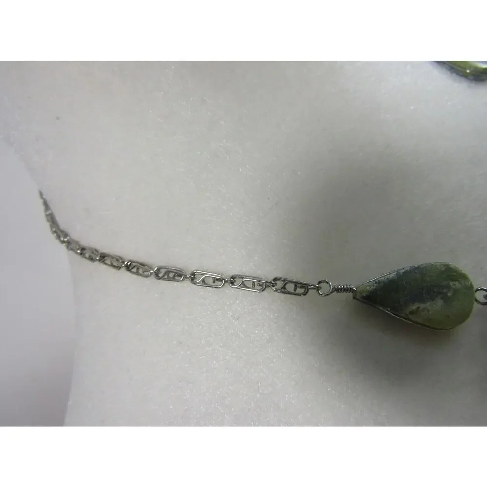 Green Marble Silver Tone Tear‎ Drop Statement Bead Neckalace Boho Cottagecore